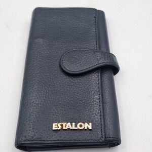 Estalon‎ Pebbled Leather RFID Long Wallet Trifold Snap Closure - Navy Blue